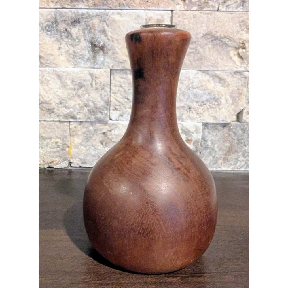 Vintage MCM Bud Vase Carved Dark Wood Miniature Glass Lip Opening 4 inches